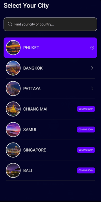The Nightlife Asia App Interface showing city selection